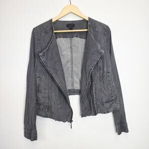 H by Halston Gray Denim Cropped Moto Jacket Size 14 Full Zip Utility Coat
